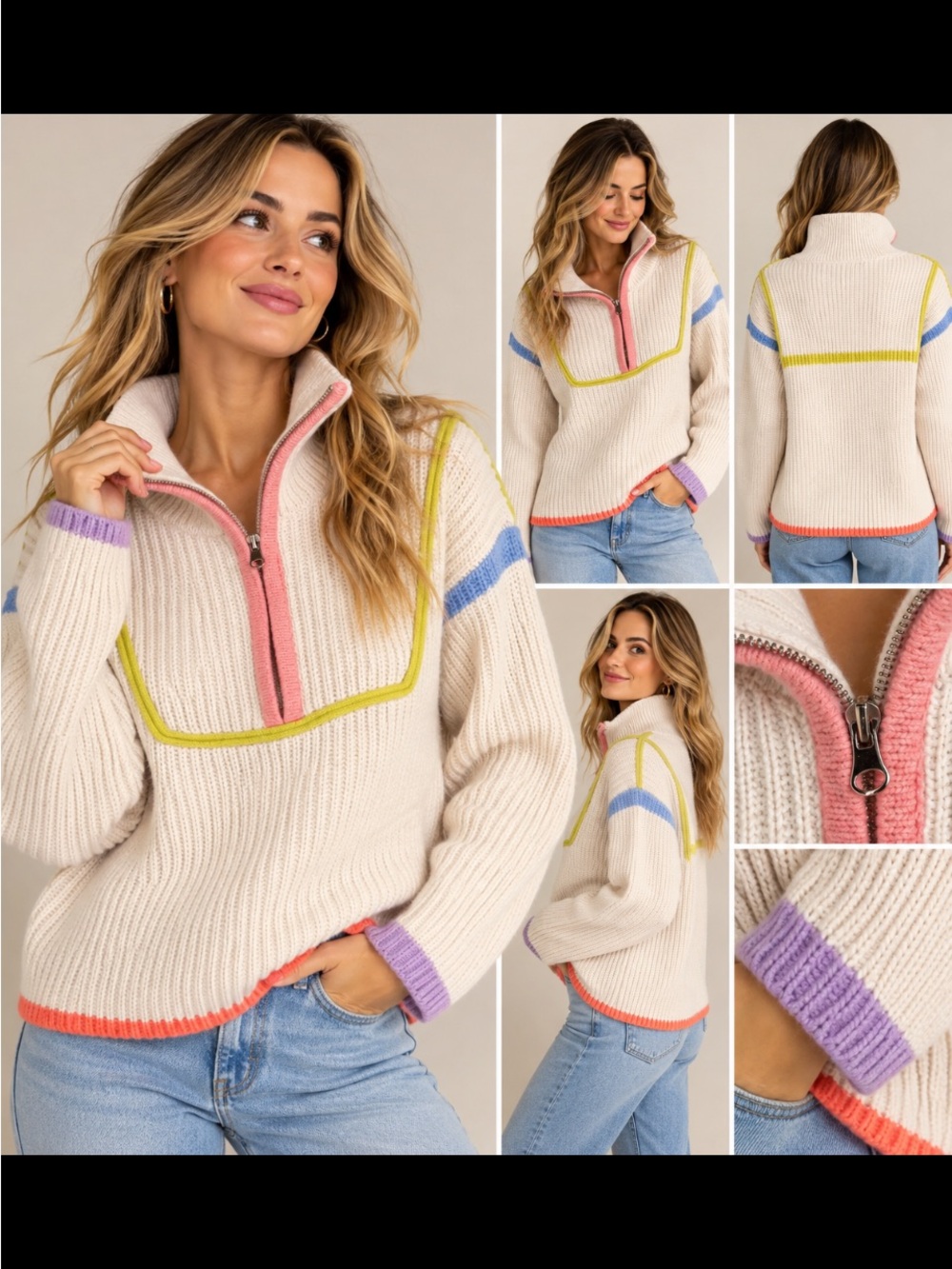 English Factory Ivory Knit Quarter-Zip Sweater with Pastel Trim